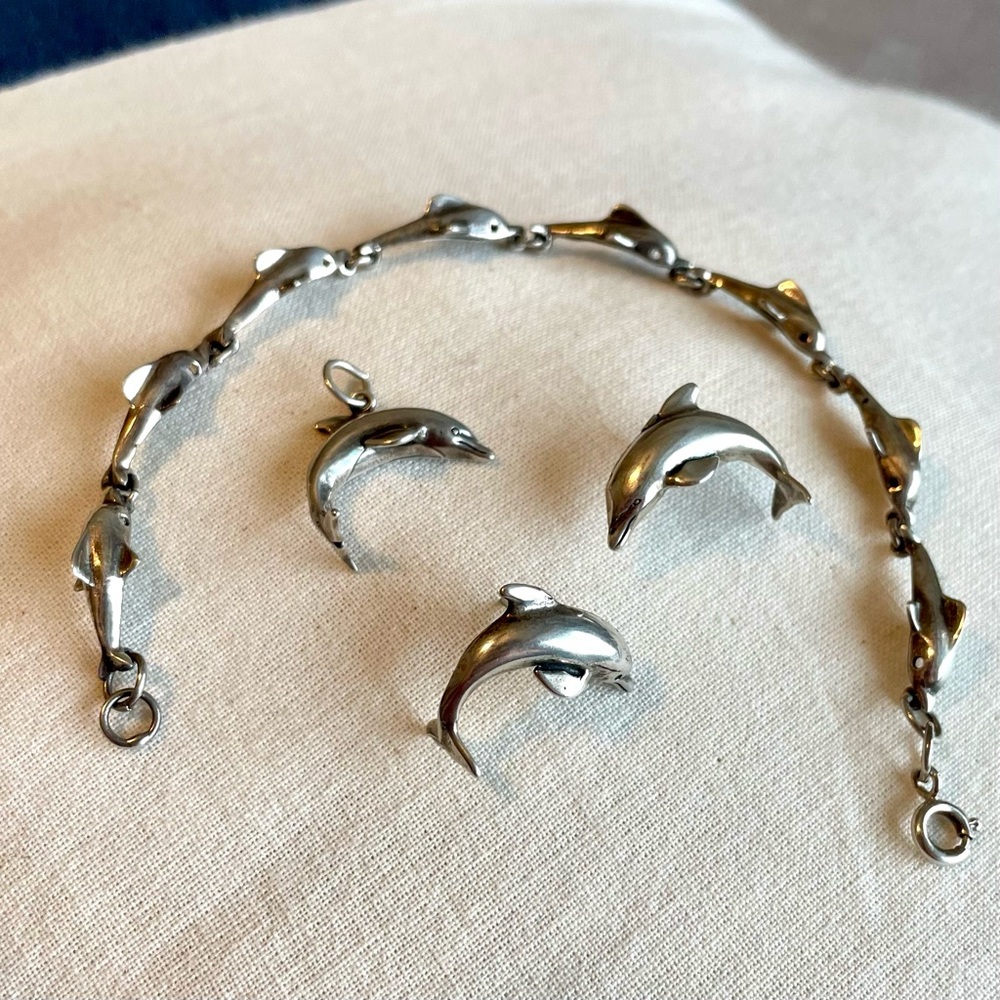 Sterling Silver Dolphin Jewelry Set, Bracelet, Earrings, Charm, Accessories